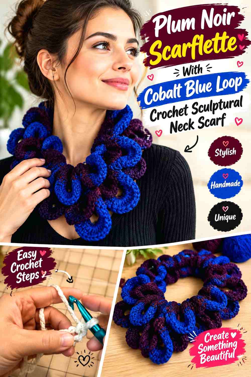 4. Plum Noir Scarflette With Cobalt Blue Loop Crochet Sculptural Neck Scarf