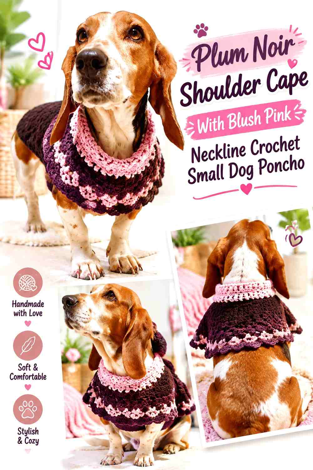 Plum Noir Shoulder Cape With Blush Pink Neckline Crochet Small Dog Poncho