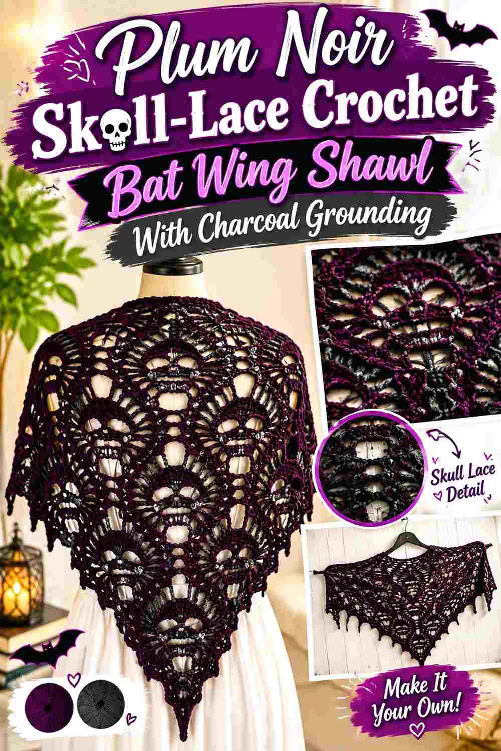 6. Plum Noir Skull Lace Crochet Bat Wing Shawl With Charcoal Grounding