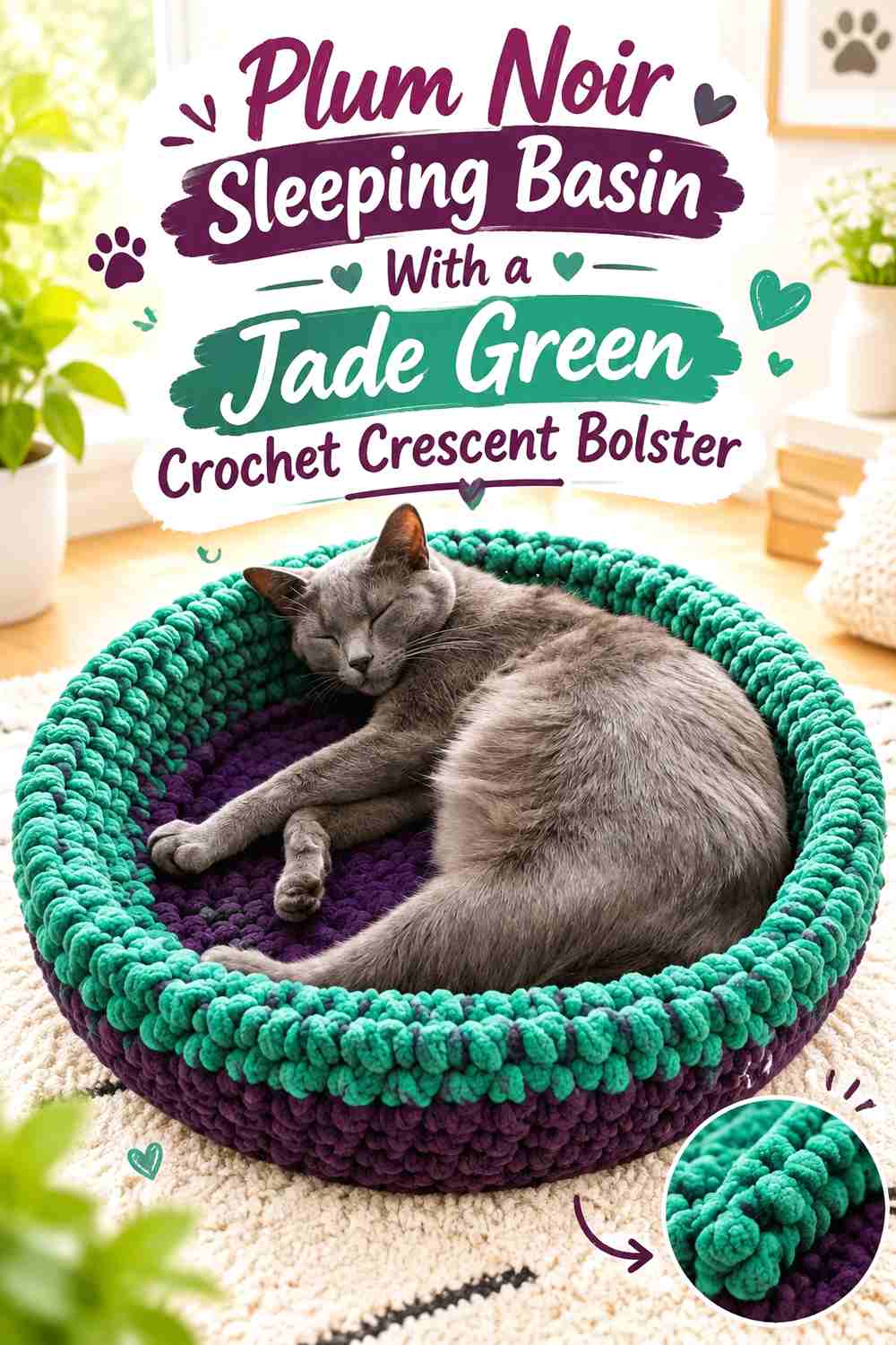 Plum Noir Sleeping Basin With a Jade Green Crochet Crescent Bolster