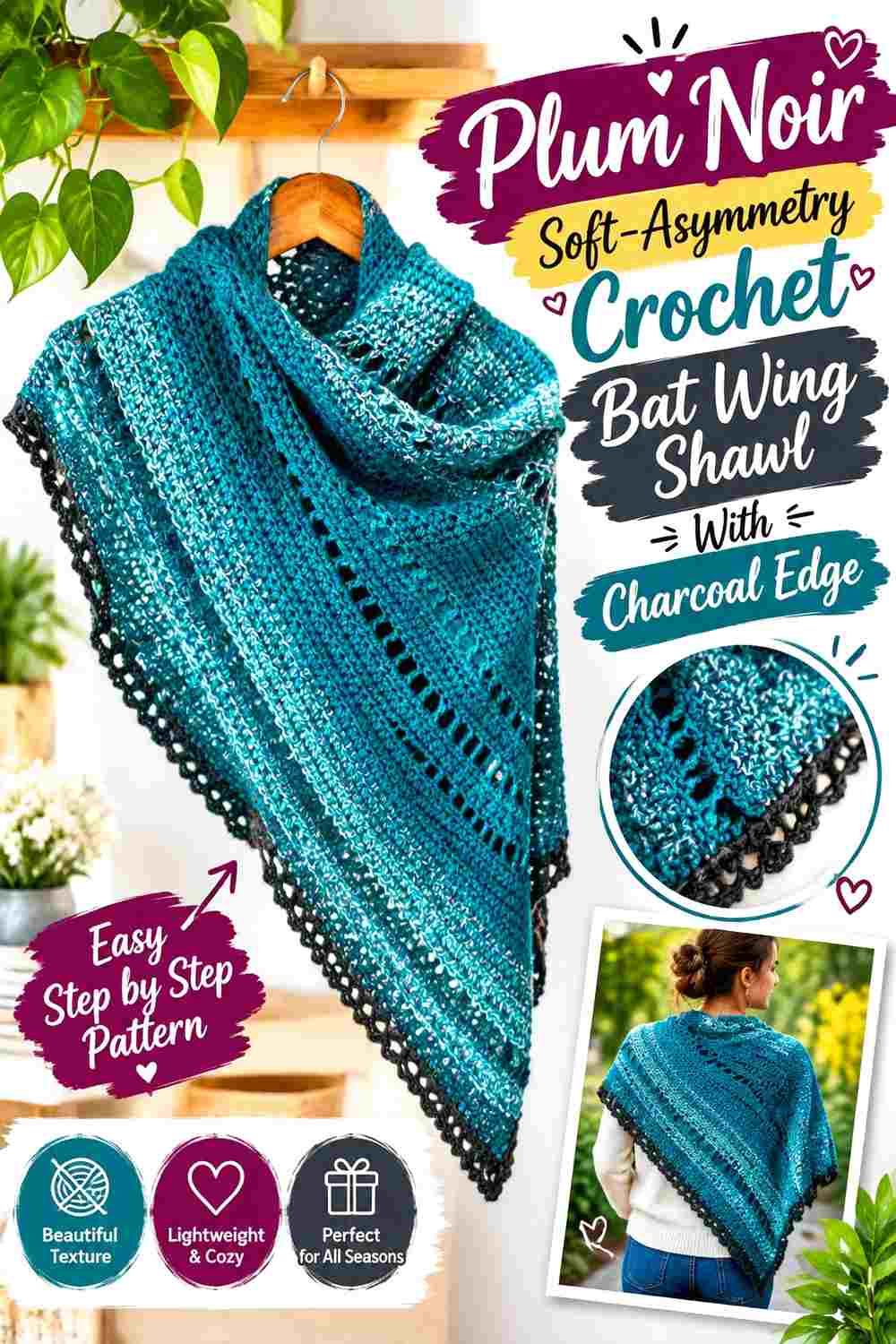 13. Plum Noir Soft Asymmetry Crochet Bat Wing Shawl With Charcoal Edge