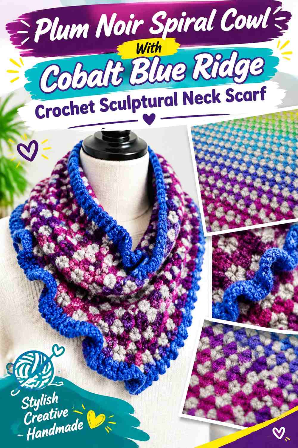 14. Plum Noir Spiral Cowl With Cobalt Blue Ridge Crochet Sculptural Neck Scarf