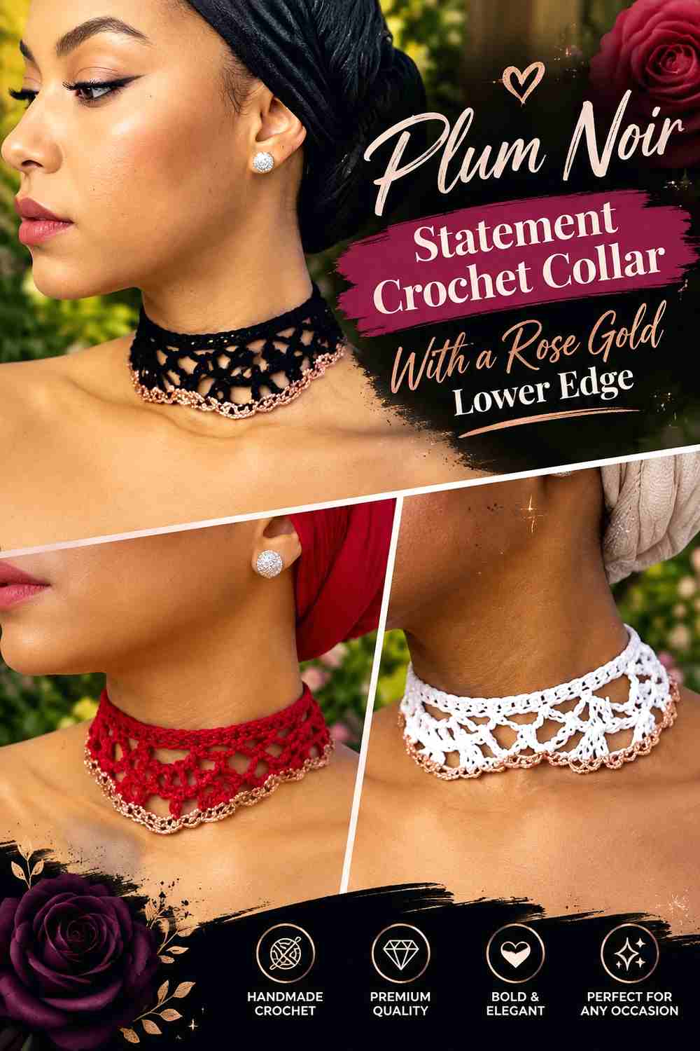 10. Plum Noir Statement Crochet Collar With A Rose Gold Lower Edge