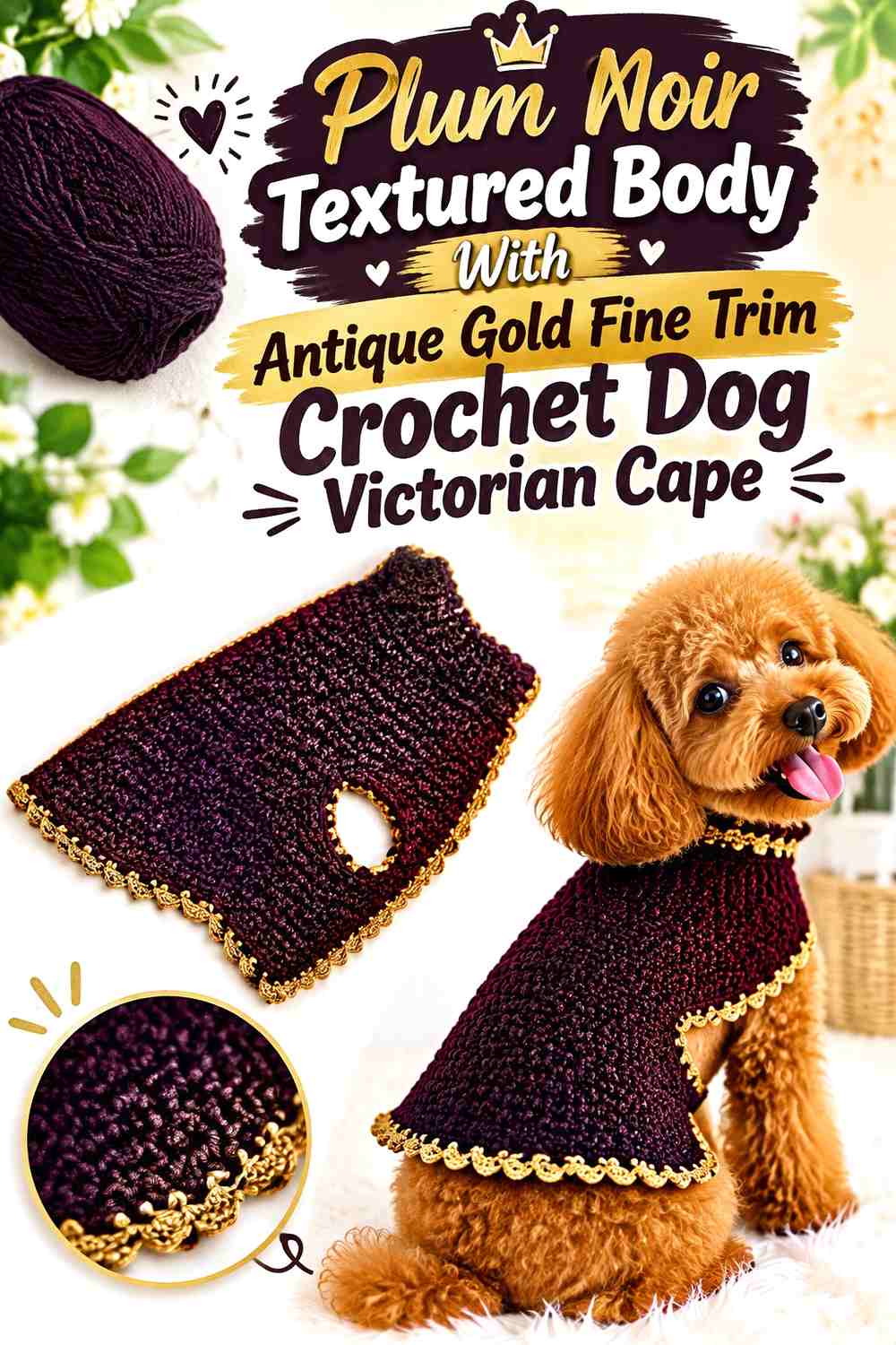 Plum Noir Textured Body With Antique Gold Fine Trim Crochet Dog Victorian Cape