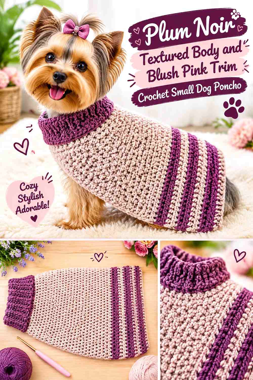 Plum Noir Textured Body and Blush Pink Trim Crochet Small Dog Poncho