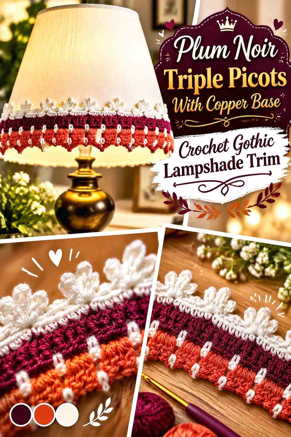 17. Plum Noir Triple Picots With Copper Base Crochet Gothic Lampshade Trim