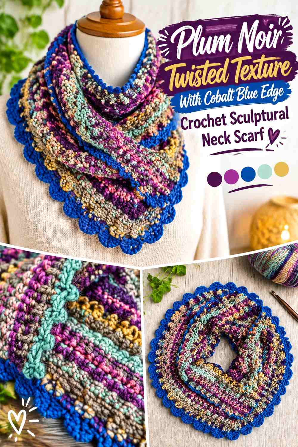 10. Plum Noir Twisted Texture With Cobalt Blue Edge Crochet Sculptural Neck Scarf