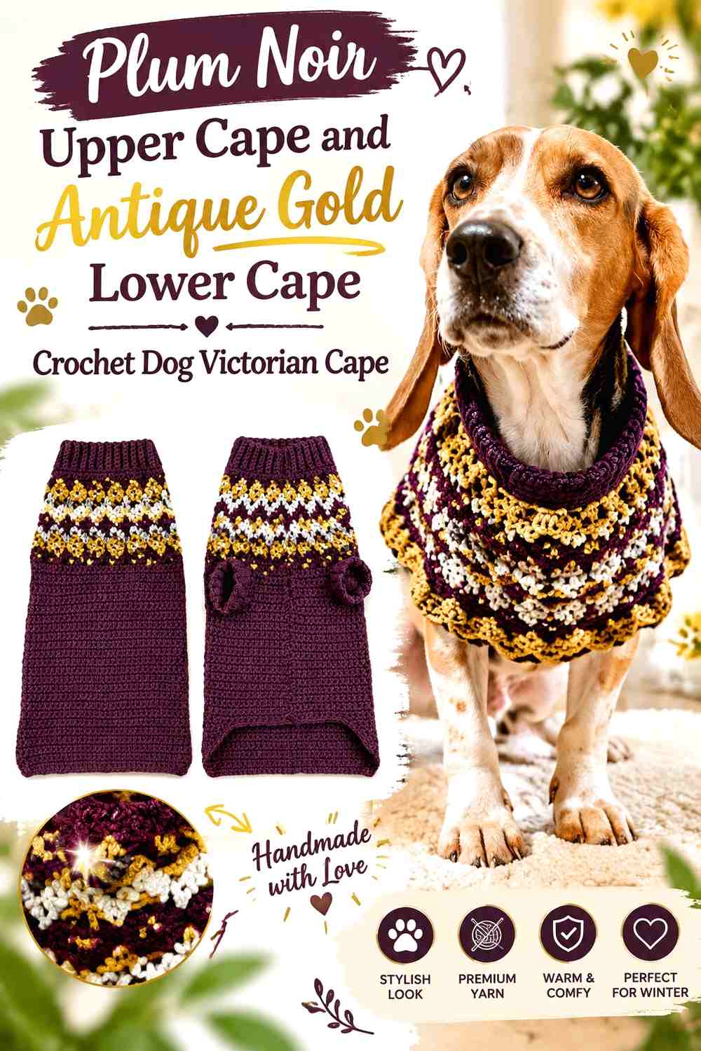 Plum Noir Upper Cape and Antique Gold Lower Cape Crochet Dog Victorian Cape