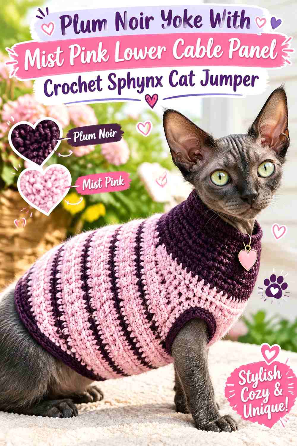 Plum Noir Yoke With Mist Pink Lower Cable Panel Crochet Sphynx Cat Jumper