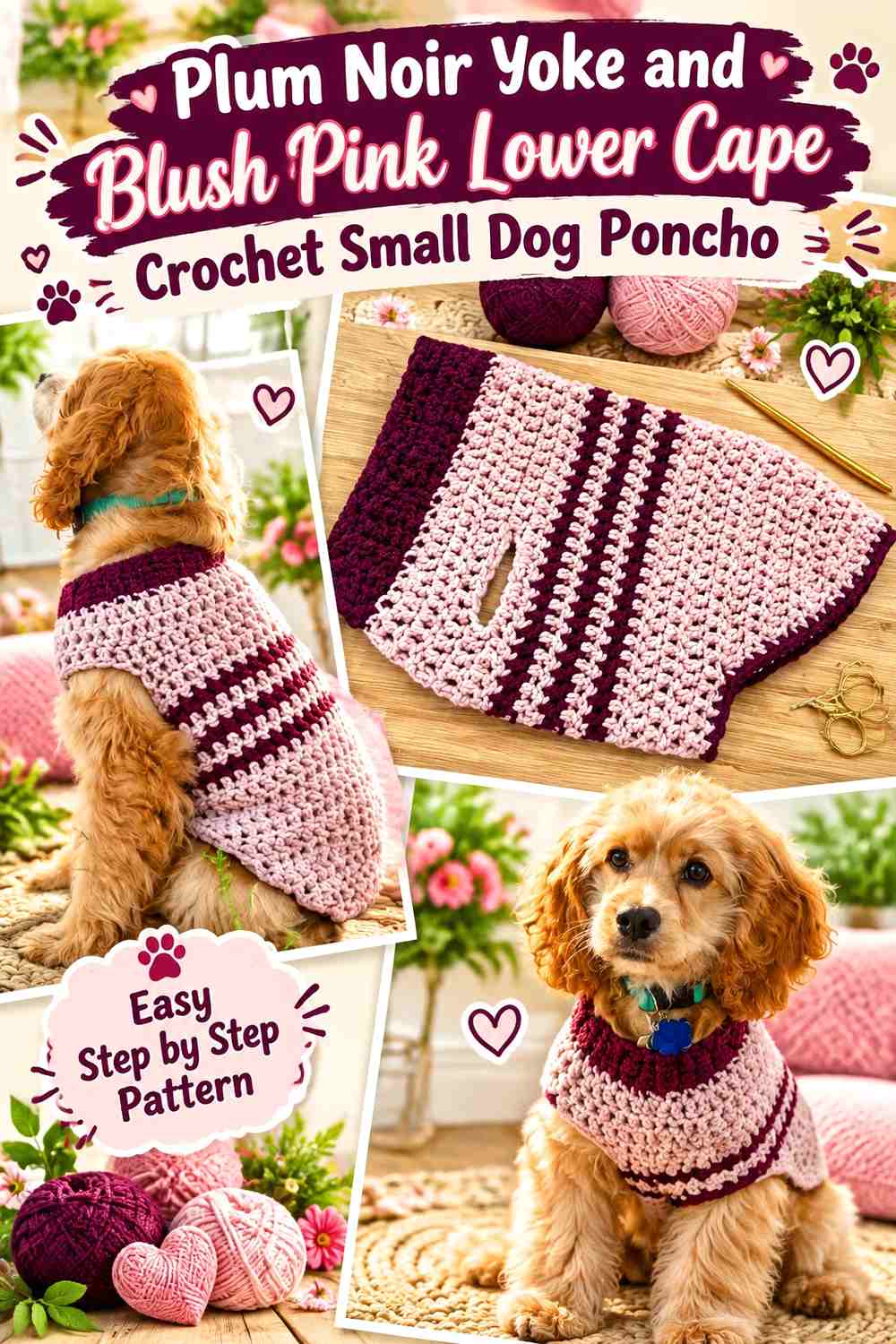 Plum Noir Yoke and Blush Pink Lower Cape Crochet Small Dog Poncho