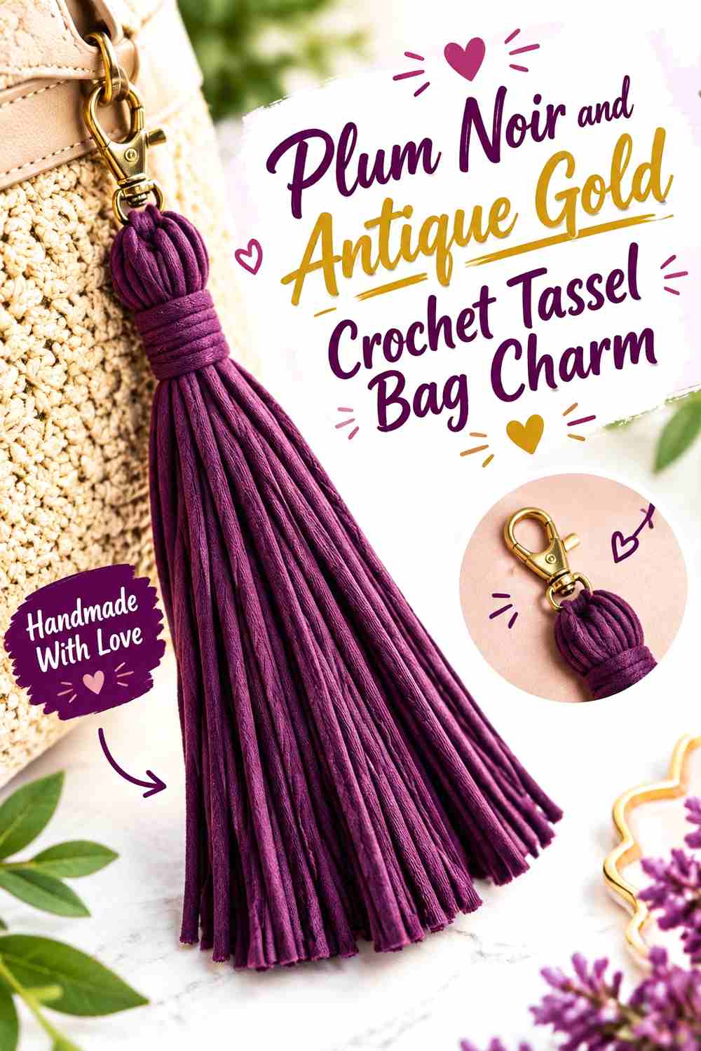 8. Plum Noir And Antique Gold Crochet Tassel Bag Charm