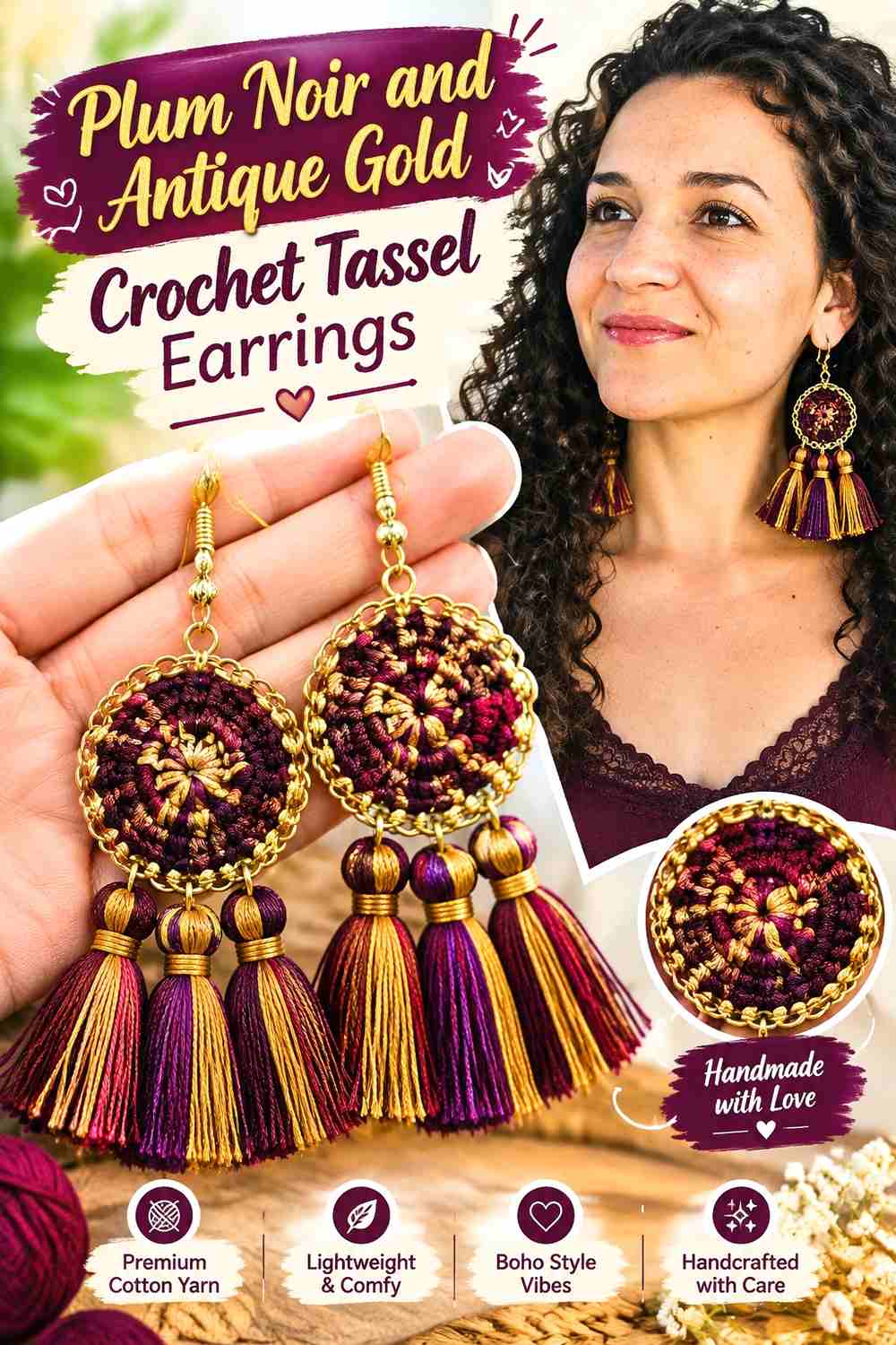 14. Plum Noir And Antique Gold Crochet Tassel Earrings
