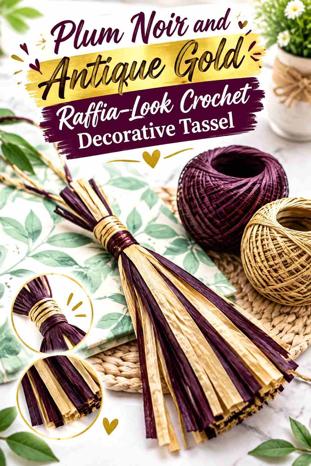 10. Plum Noir And Antique Gold Raffia Look Crochet Decorative Tassel
