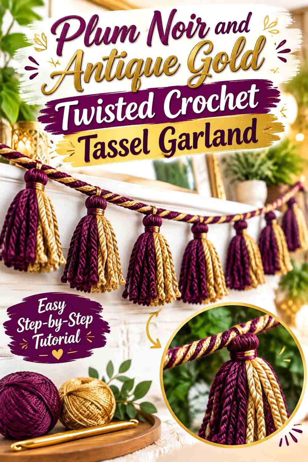 13. Plum Noir And Antique Gold Twisted Crochet Tassel Garland