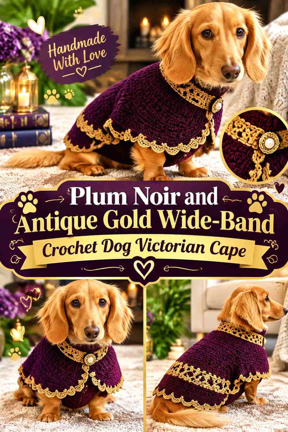 Plum Noir and Antique Gold Wide-Band Crochet Dog Victorian Cape