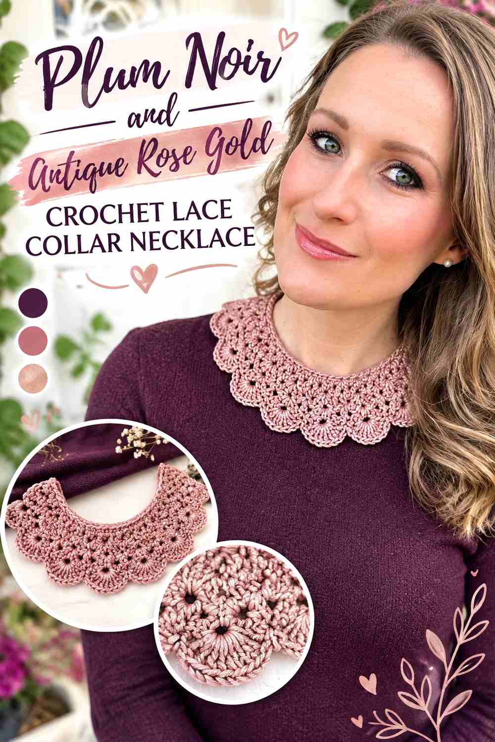5. Plum Noir And Antique Rose Gold Crochet Lace Collar Necklace