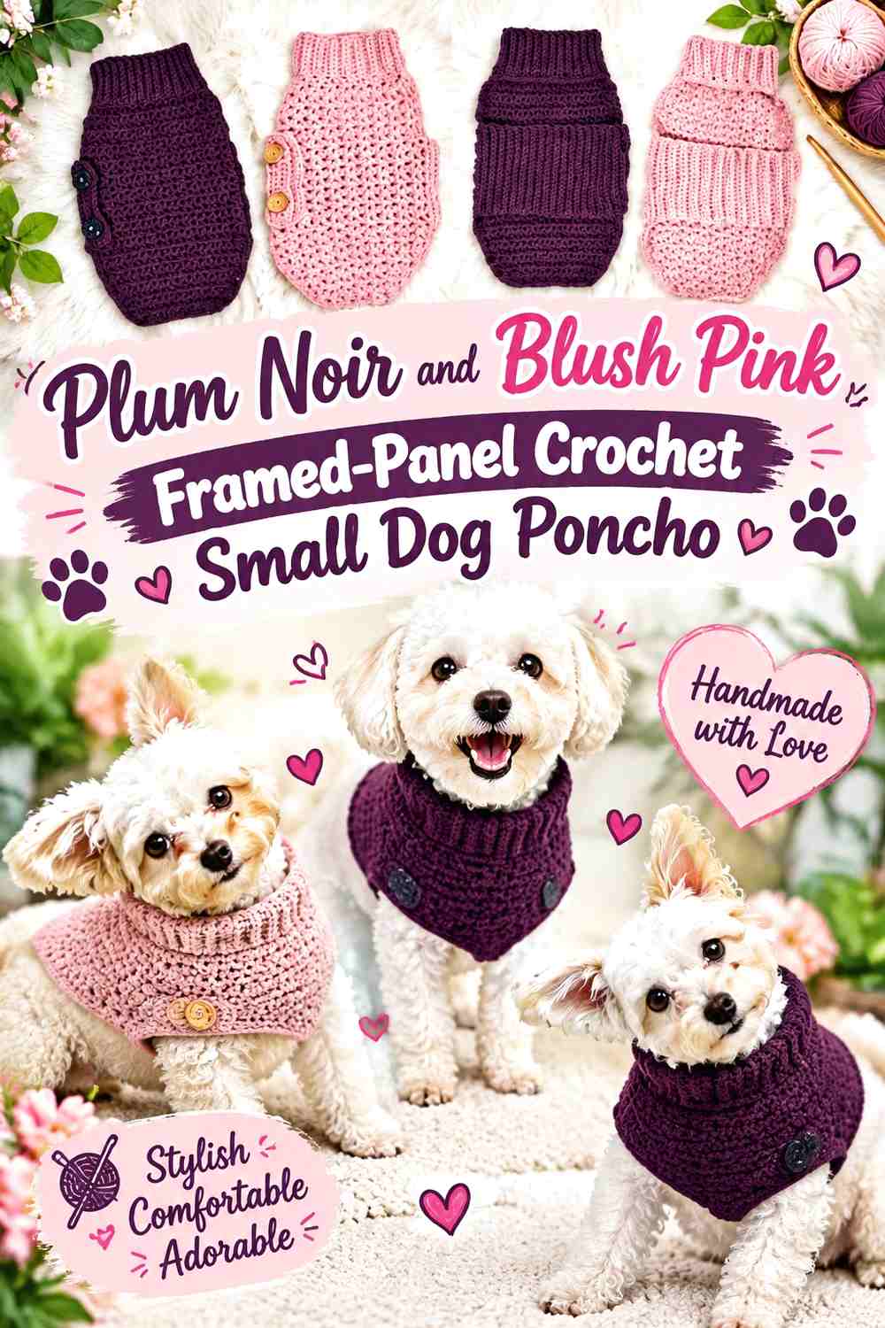 Plum Noir and Blush Pink Framed-Panel Crochet Small Dog Poncho