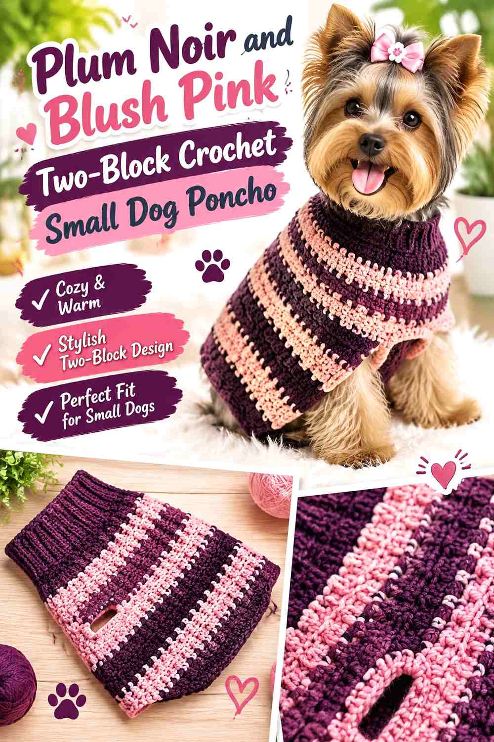 Plum Noir and Blush Pink Two-Block Crochet Small Dog Poncho