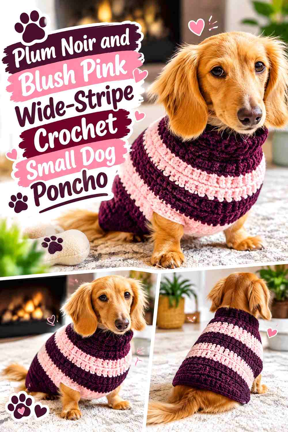 Plum Noir and Blush Pink Wide-Stripe Crochet Small Dog Poncho