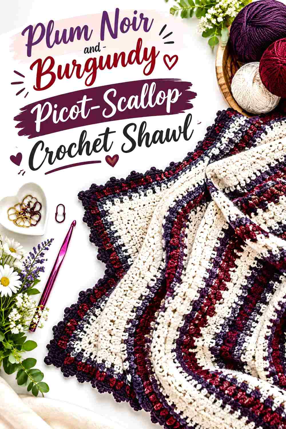 11. Plum Noir And Burgundy Picot Scallop Crochet Shawl