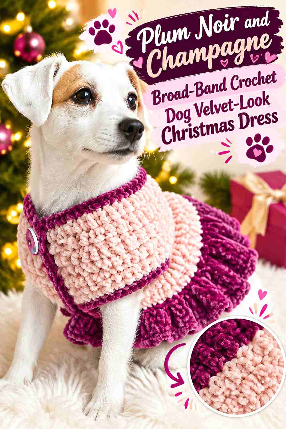 Plum Noir and Champagne Broad-Band Crochet Dog Velvet-Look Christmas Dress