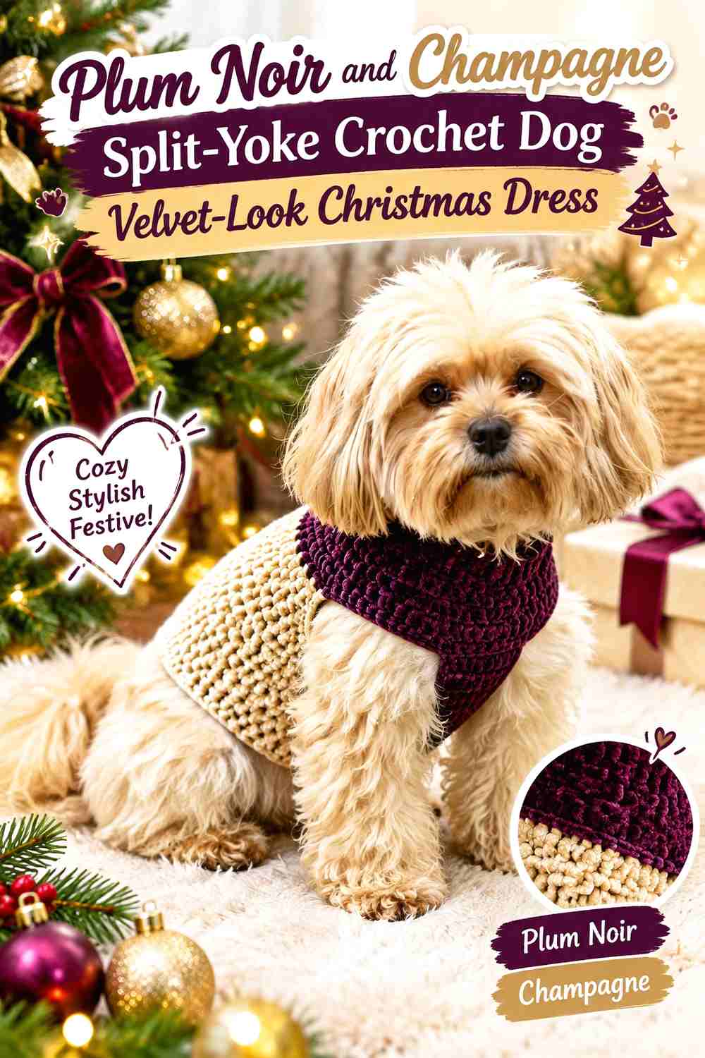 Plum Noir and Champagne Split-Yoke Crochet Dog Velvet-Look Christmas Dress