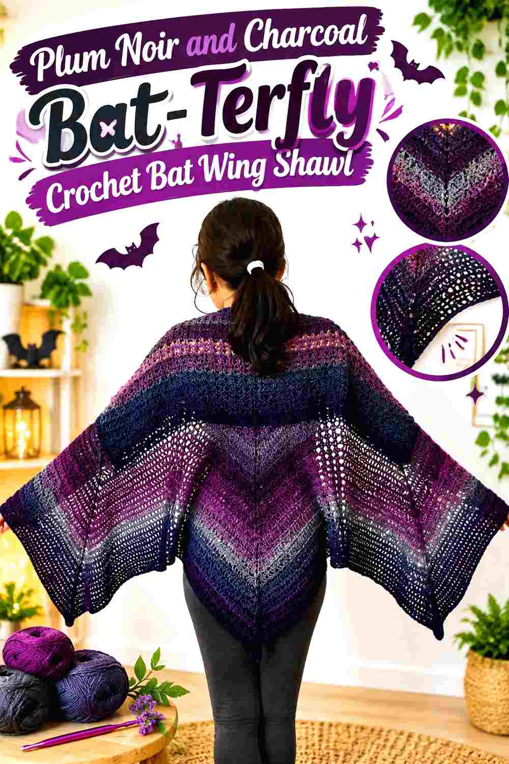 2. Plum Noir And Charcoal Bat Terfly Crochet Bat Wing Shawl