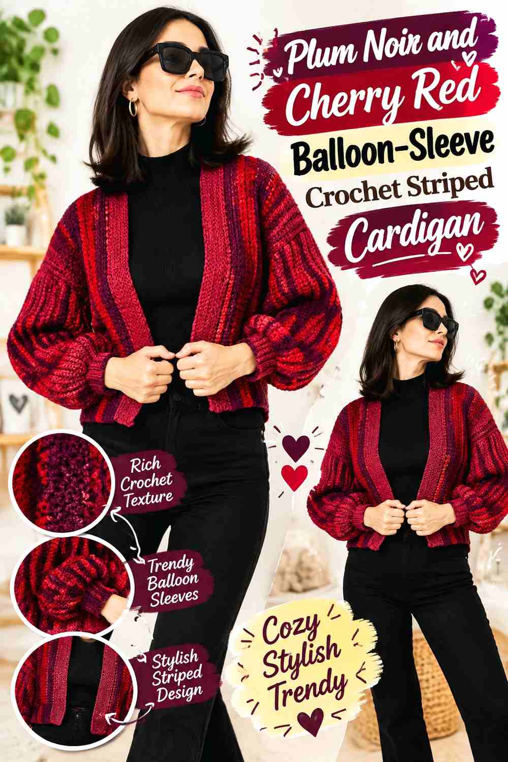10. Plum Noir And Cherry Red Balloon Sleeve Crochet Striped Cardigan