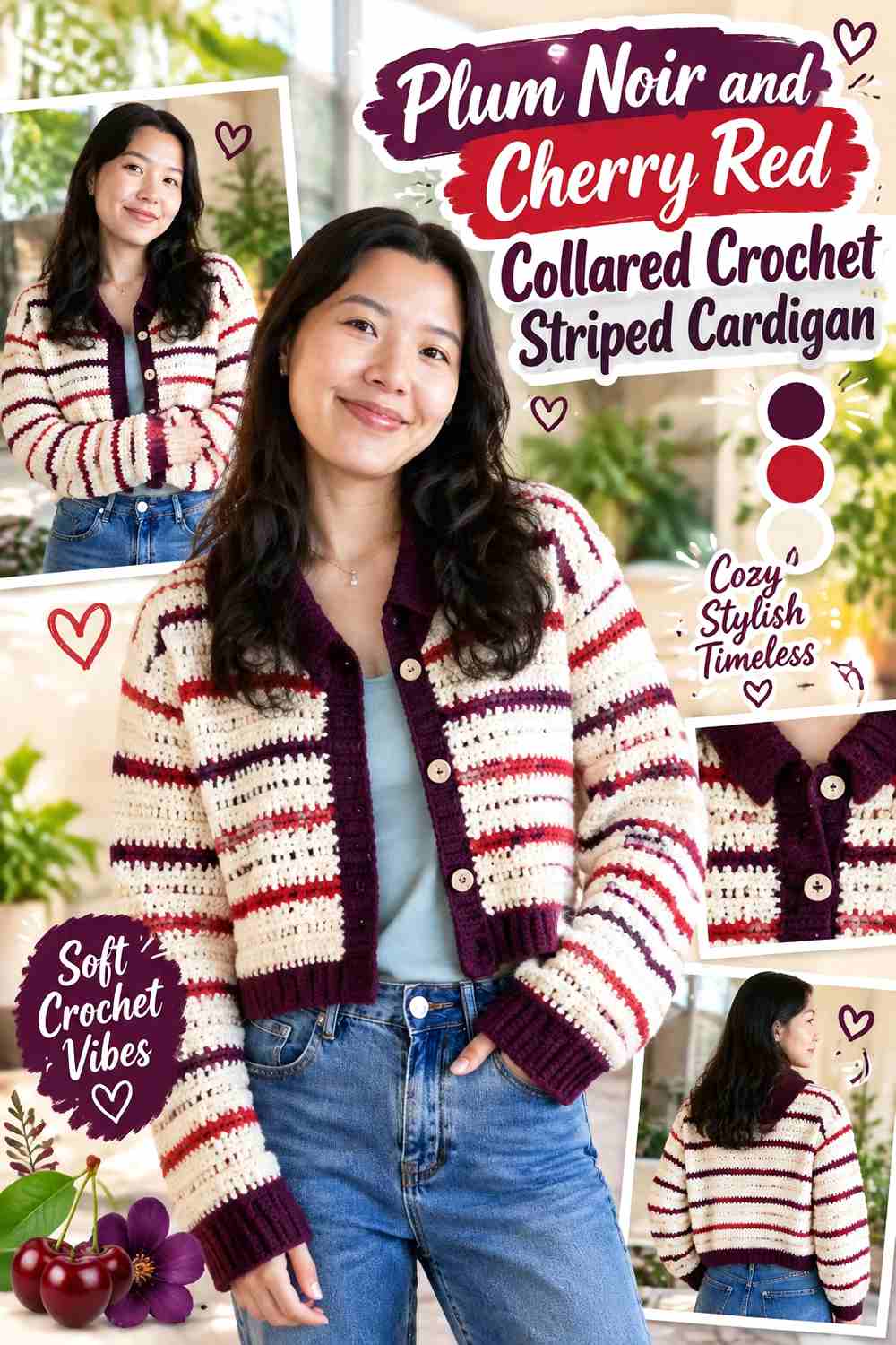 15. Plum Noir And Cherry Red Collared Crochet Striped Cardigan