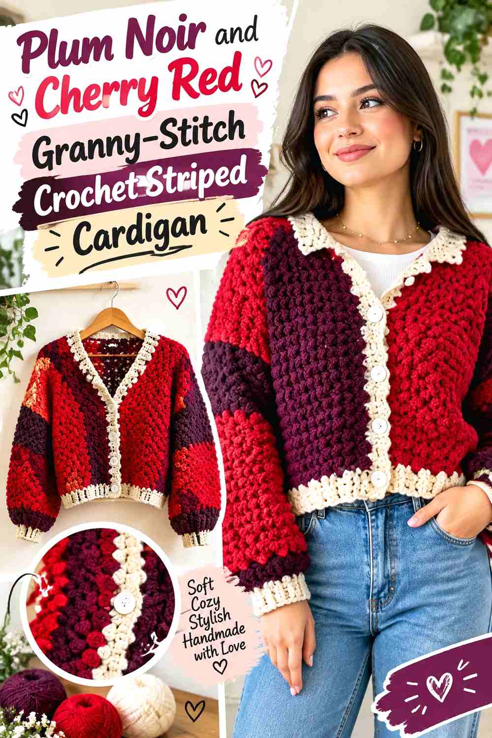 7. Plum Noir And Cherry Red Granny Stitch Crochet Striped Cardigan