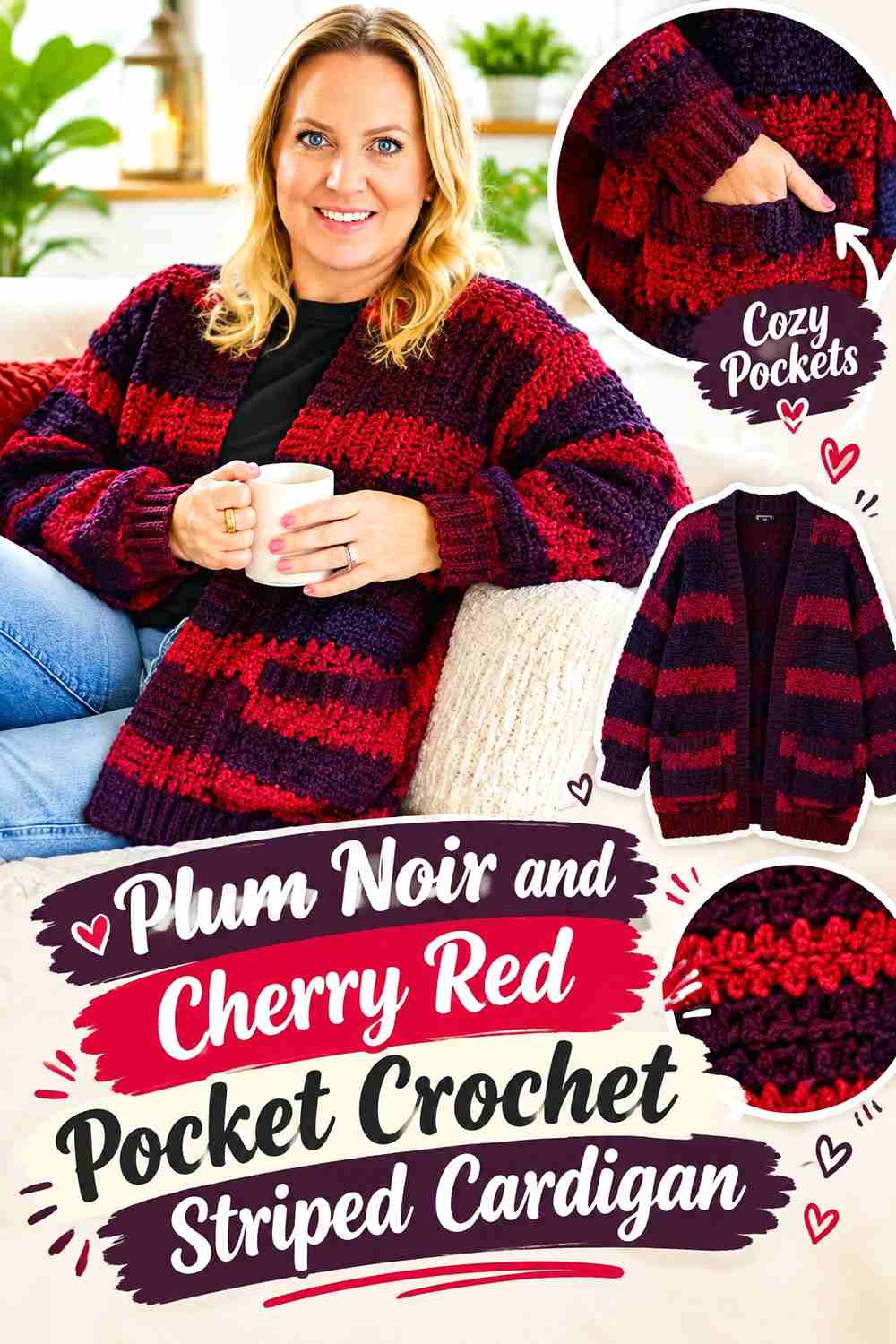 12. Plum Noir And Cherry Red Pocket Crochet Striped Cardigan