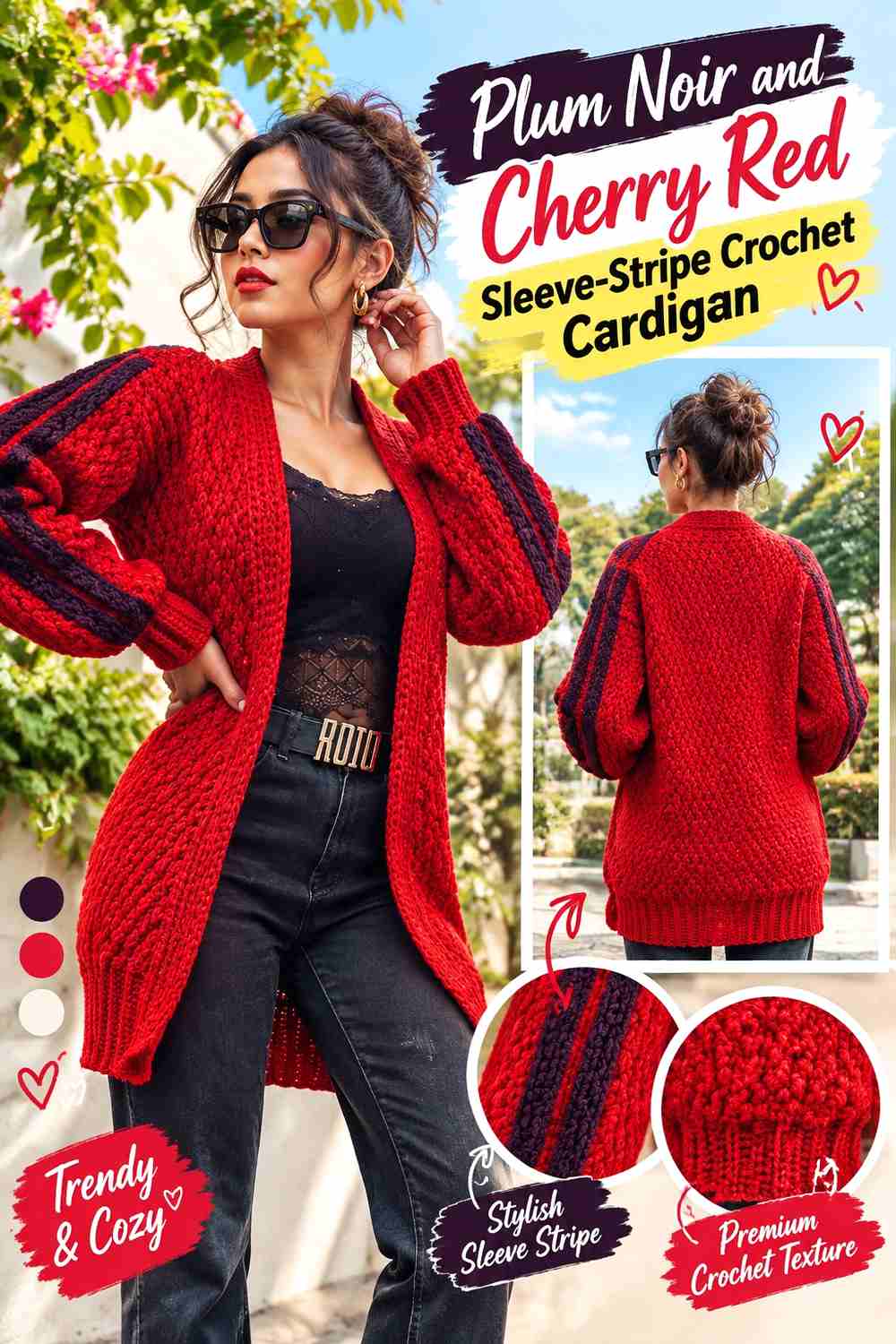 5. Plum Noir And Cherry Red Sleeve Stripe Crochet Cardigan