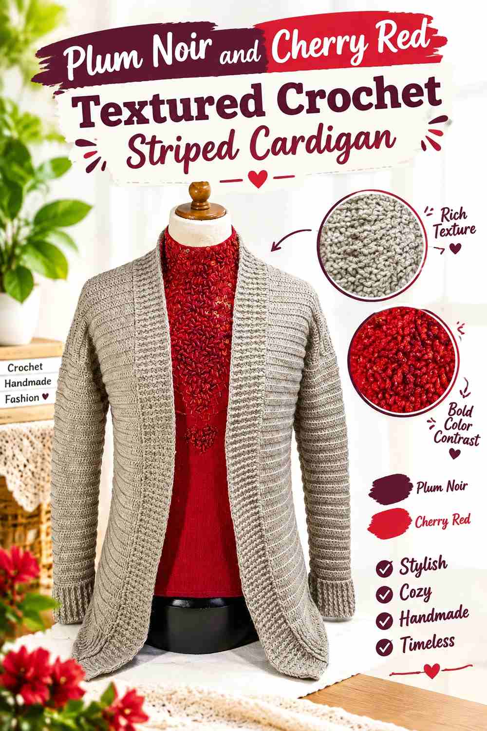8. Plum Noir And Cherry Red Textured Crochet Striped Cardigan