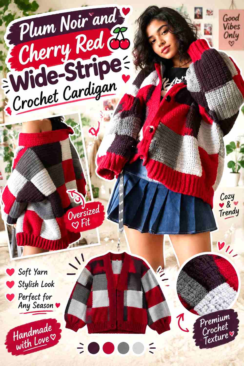 2. Plum Noir And Cherry Red Wide Stripe Crochet Cardigan