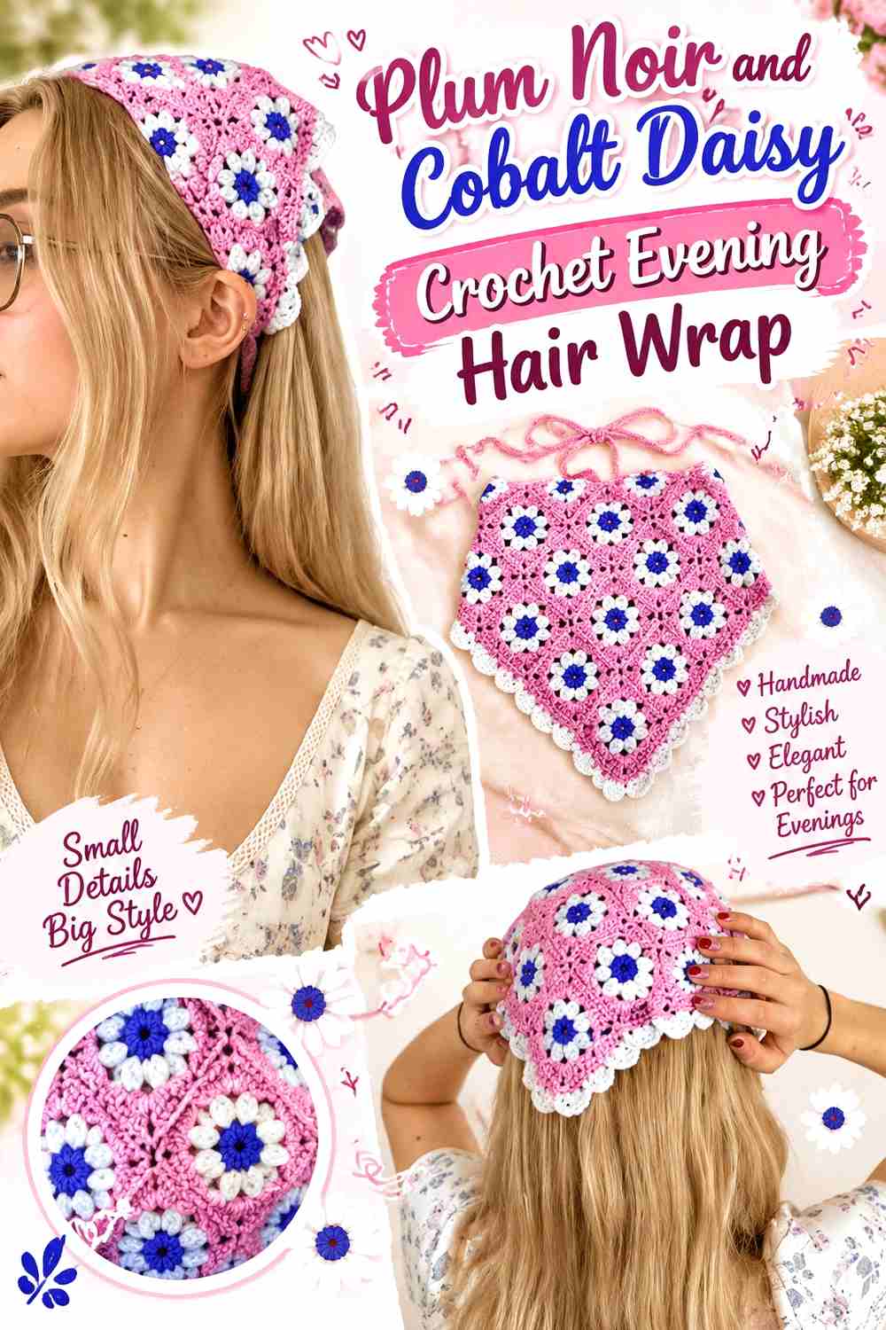 3. Plum Noir And Cobalt Daisy Crochet Evening Hair Wrap