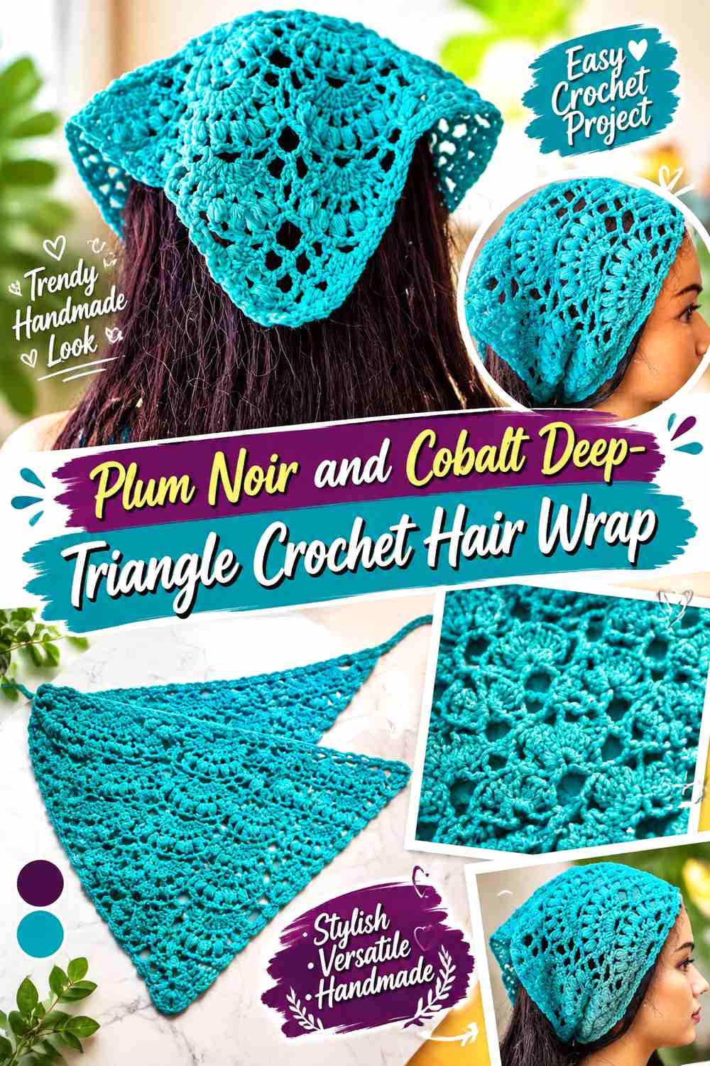 11. Plum Noir And Cobalt Deep Triangle Crochet Hair Wrap