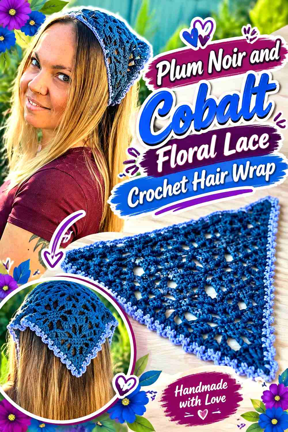 7. Plum Noir And Cobalt Floral Lace Crochet Hair Wrap
