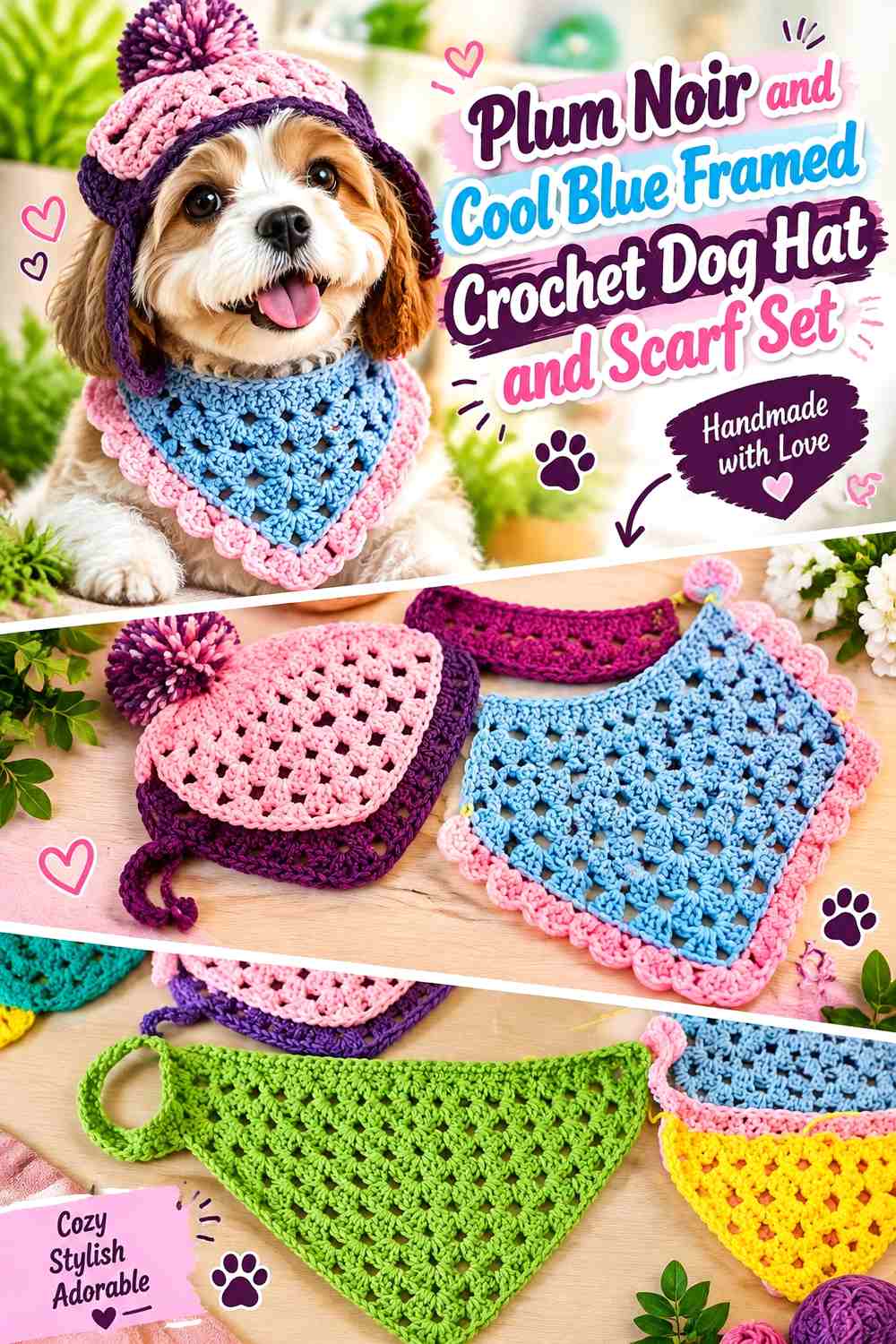 Plum Noir and Cool Blue Framed Crochet Dog Hat and Scarf Set