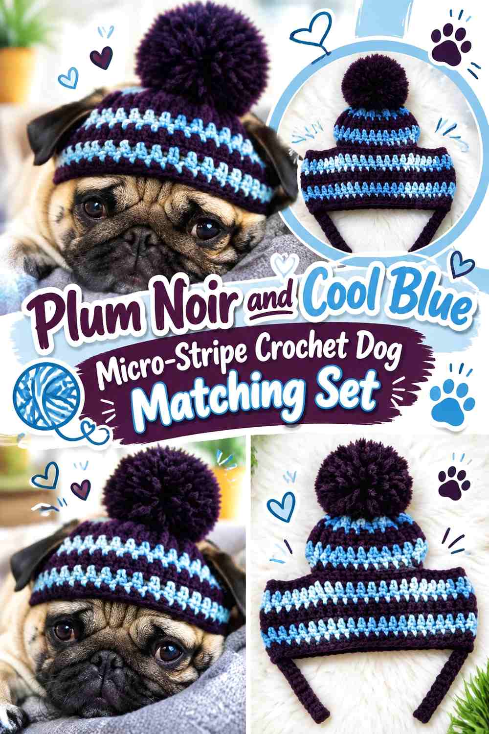 Plum Noir and Cool Blue Micro-Stripe Crochet Dog Matching Set