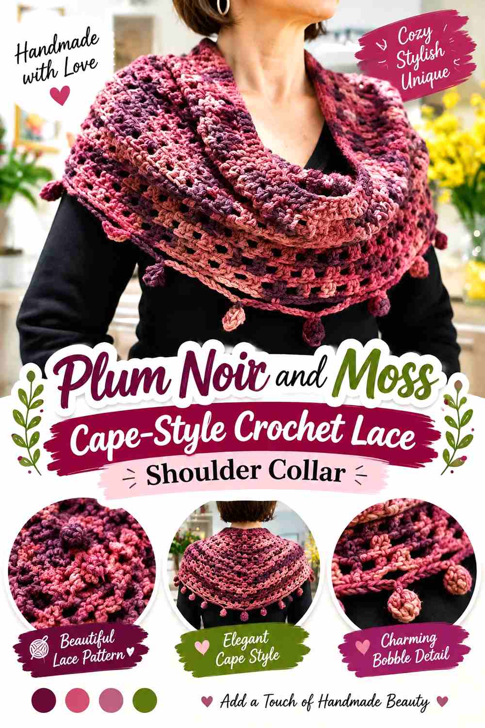 5. Plum Noir And Moss Cape Style Crochet Lace Shoulder Collar