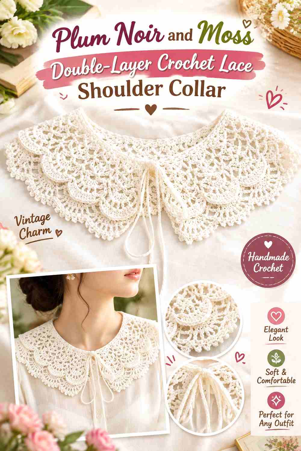 11. Plum Noir And Moss Double Layer Crochet Lace Shoulder Collar