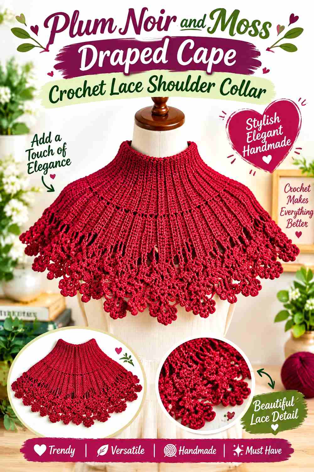12. Plum Noir And Moss Draped Cape Crochet Lace Shoulder Collar