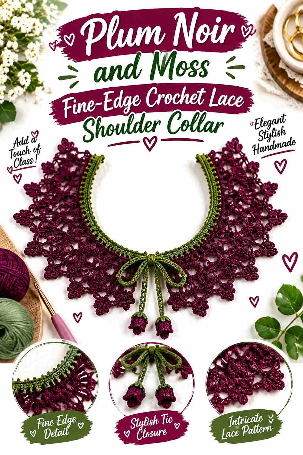 4. Plum Noir And Moss Fine Edge Crochet Lace Shoulder Collar