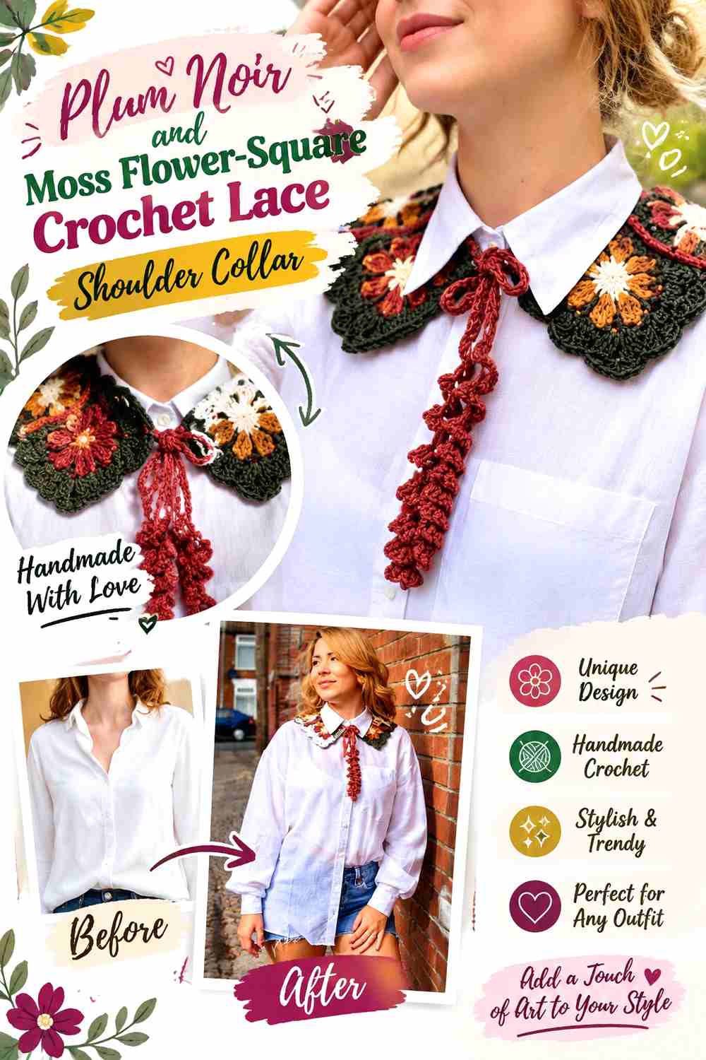 3. Plum Noir And Moss Flower Square Crochet Lace Shoulder Collar