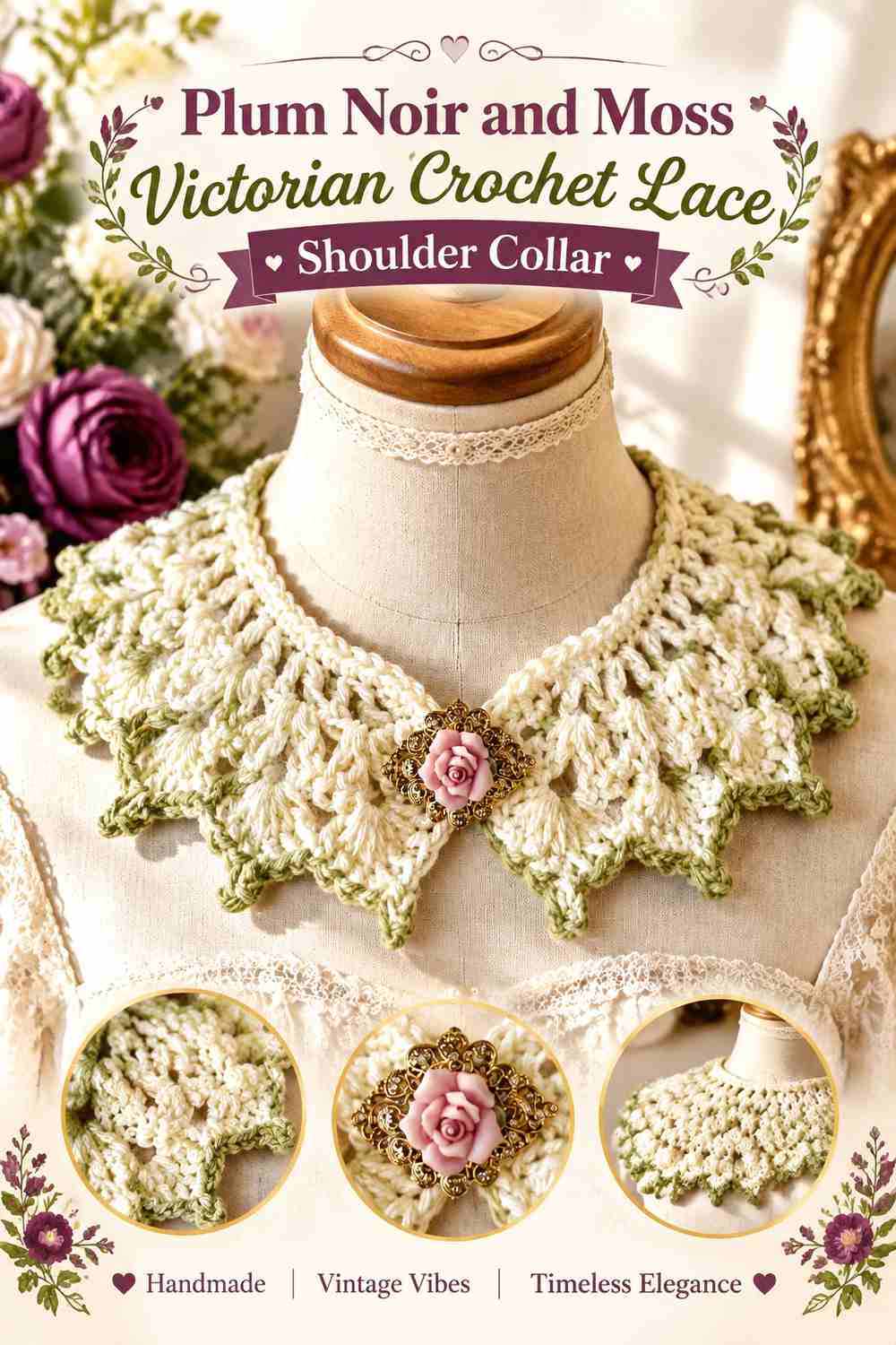 15. Plum Noir And Moss Victorian Crochet Lace Shoulder Collar
