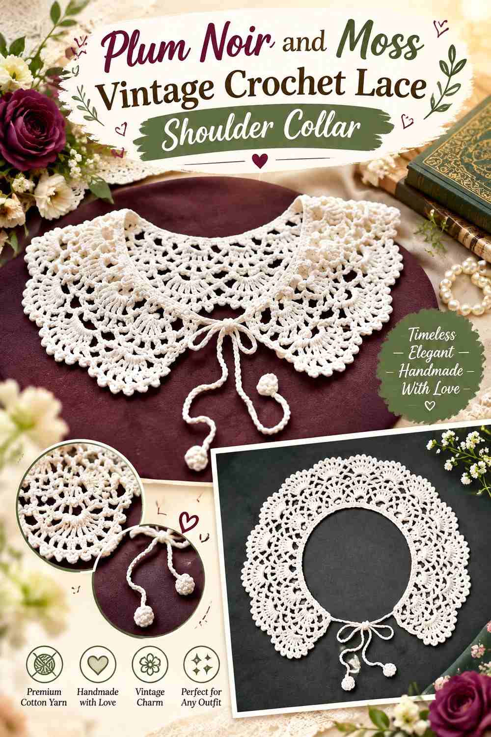13. Plum Noir And Moss Vintage Crochet Lace Shoulder Collar