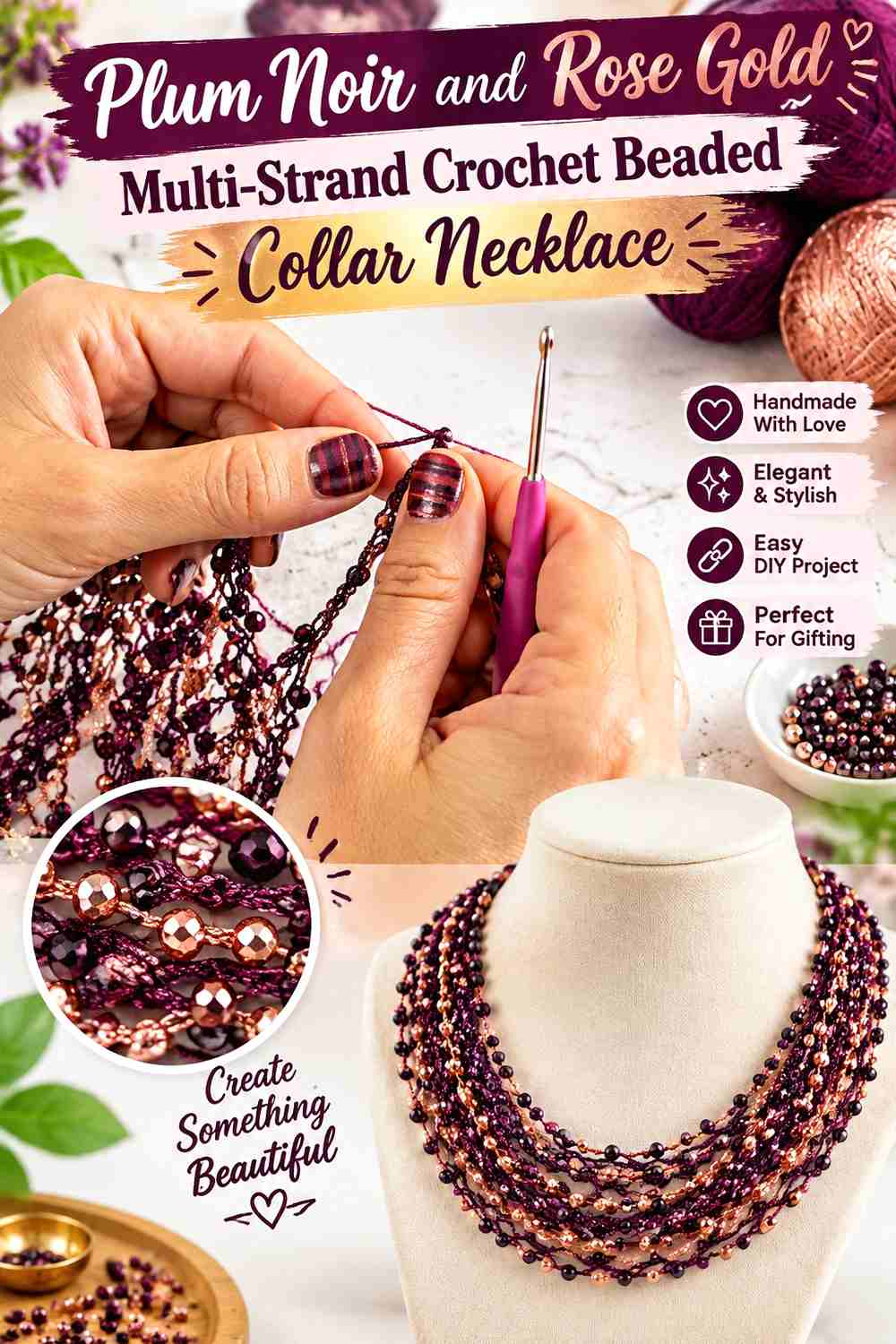 12. Plum Noir And Rose Gold Multi Strand Crochet Beaded Collar Necklace