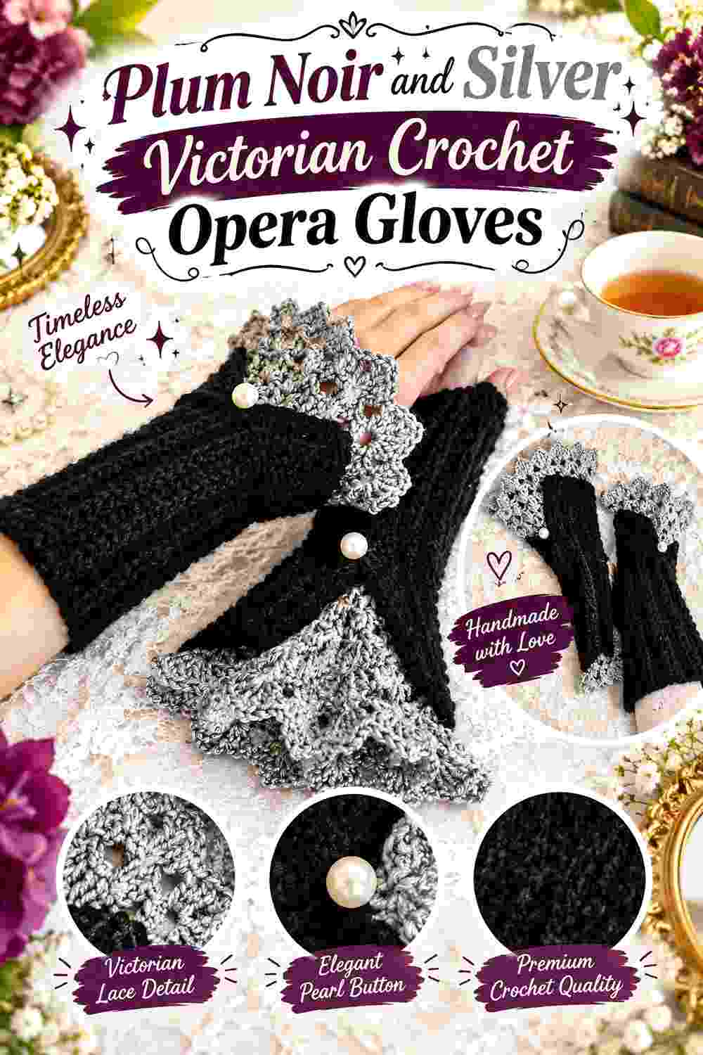 4. Plum Noir And Silver Victorian Crochet Opera Gloves
