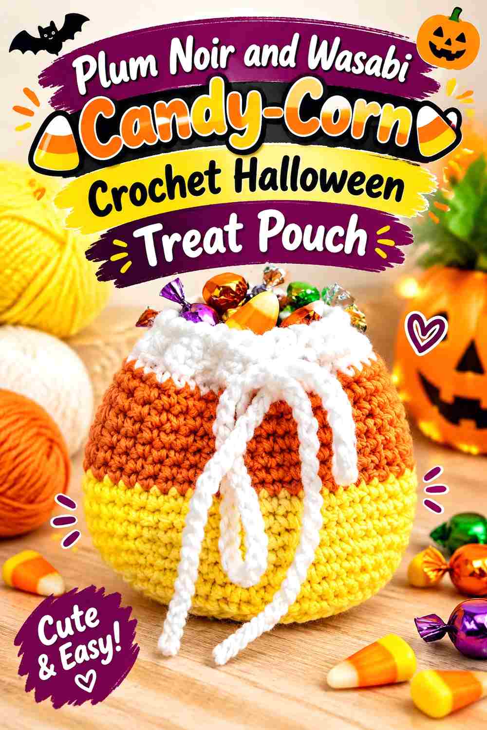 3. Plum Noir And Wasabi Candy Corn Crochet Halloween Treat Pouch