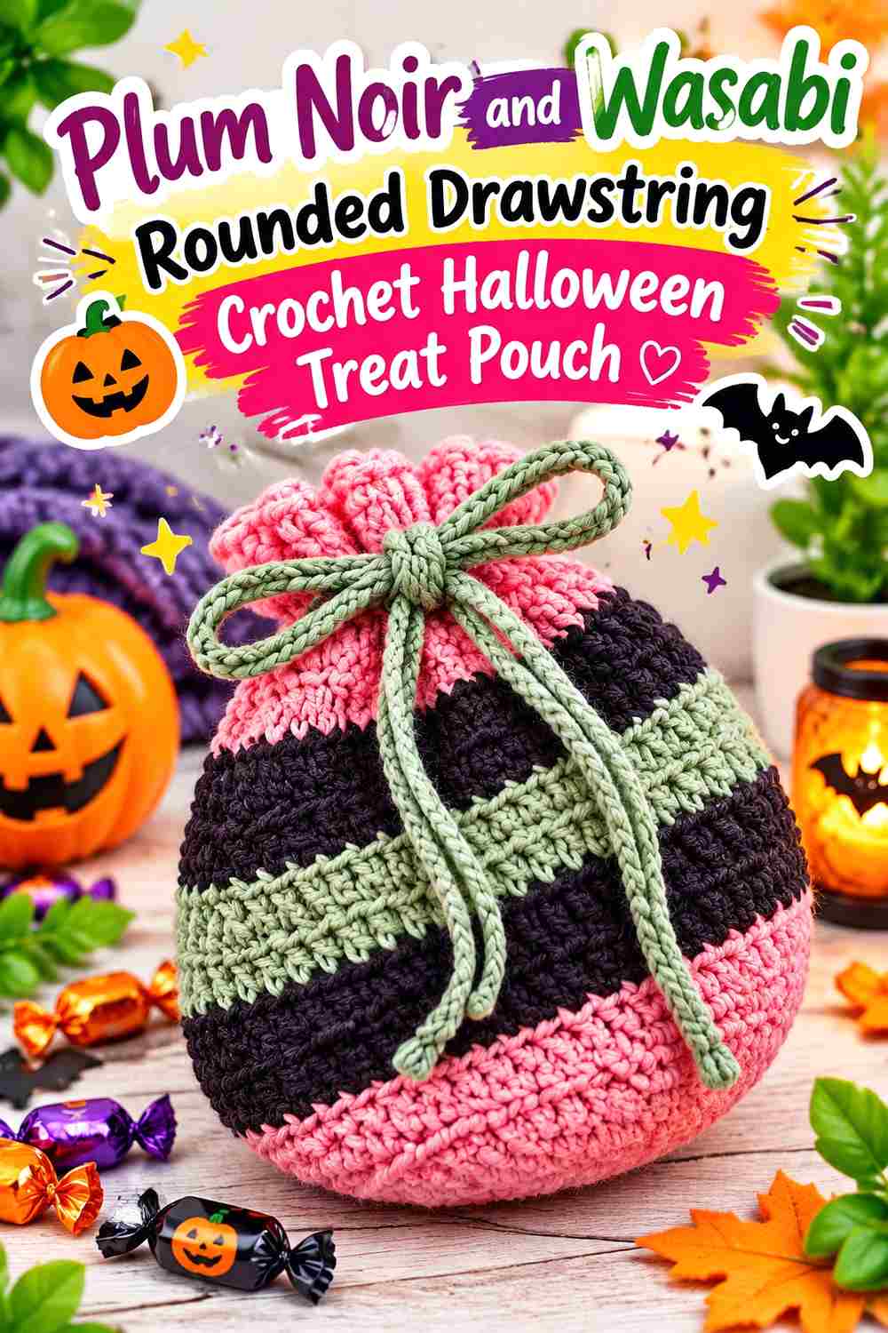 6. Plum Noir And Wasabi Rounded Drawstring Crochet Halloween Treat Pouch